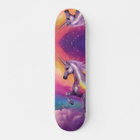 Rainbow White Unicorn Fantasy Sunset Clouds Sky Skateboard (Vorne)