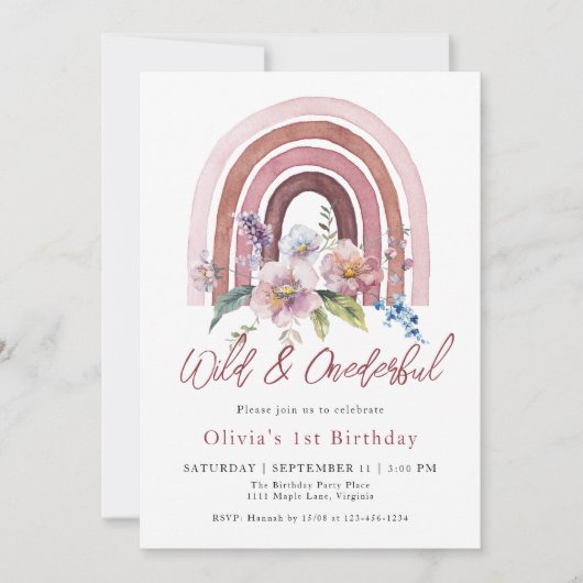 Rainbow Wild & Onederful Wildblume 1. Geburtstag Einladung (Vorderseite)