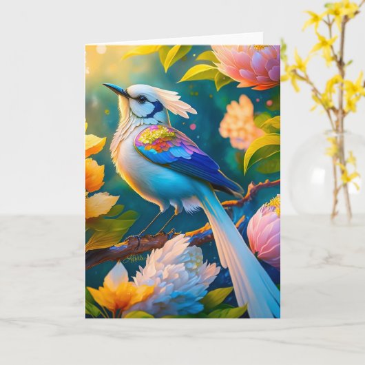 Rainbow Winged Jay Fantasy Bird Karte (Gelbe Blume)