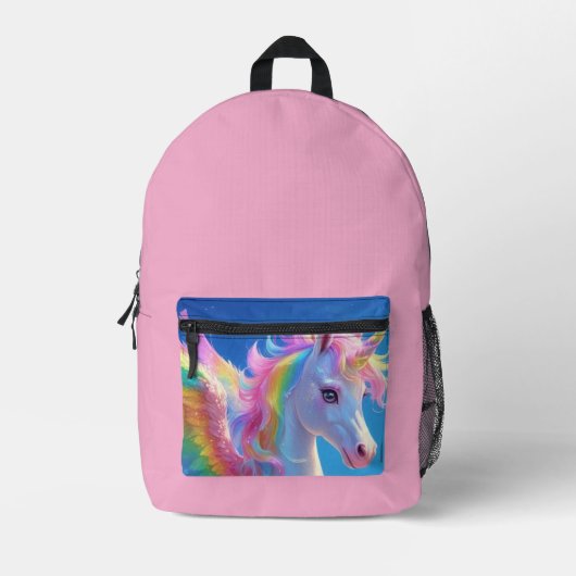 Rainbow Winged Prancing Unicorn Bedruckter Rucksack (Vorderseite)