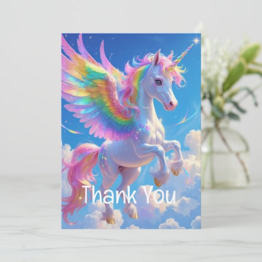 Rainbow Winged Prancing Unicorn Dankeskarte (Stehend Vorderseite)