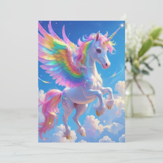 Rainbow Winged Prancing Unicorn Dankeskarte (Stehend Vorderseite)