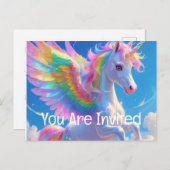Rainbow Winged Prancing Unicorn Einladungspostkarte (Vorne/Hinten)
