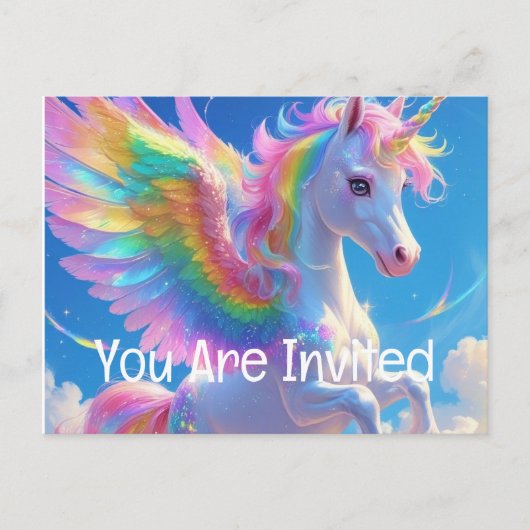 Rainbow Winged Prancing Unicorn Einladungspostkarte (Vorderseite)