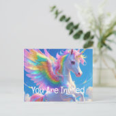 Rainbow Winged Prancing Unicorn Einladungspostkarte (Stehend Vorderseite)