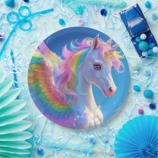 Rainbow Winged Prancing Unicorn Pappteller (Party)