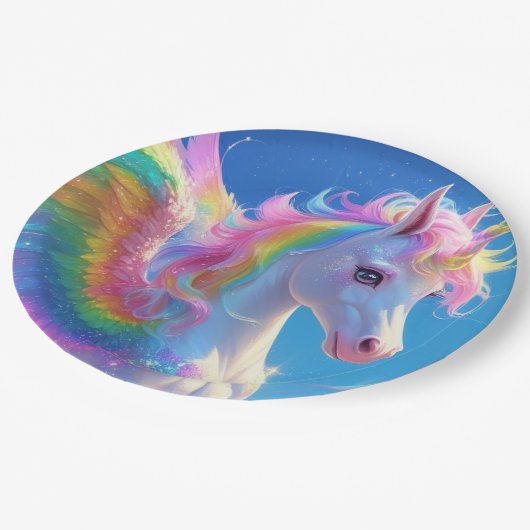 Rainbow Winged Prancing Unicorn Pappteller (Schrägansicht)