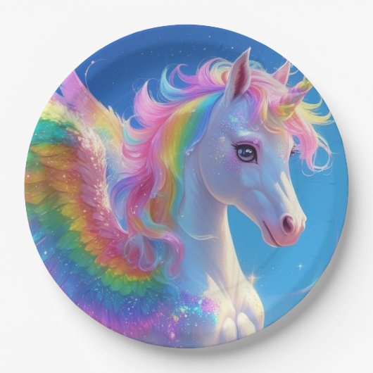 Rainbow Winged Prancing Unicorn Pappteller (Vorderseite)