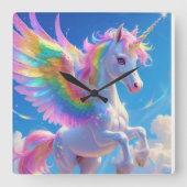 Rainbow Winged Prancing Unicorn Quadratische Wanduhr (Vorderseite)