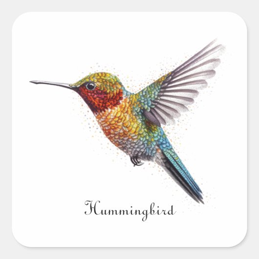 Rainbow Wings: Lebhafte Hummingbird Art, kundenspe Quadratischer Aufkleber (Vorderseite)
