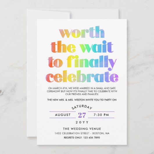 Rainbow Worth the Wait Sequel Wedding Celebration Einladung (Vorderseite)