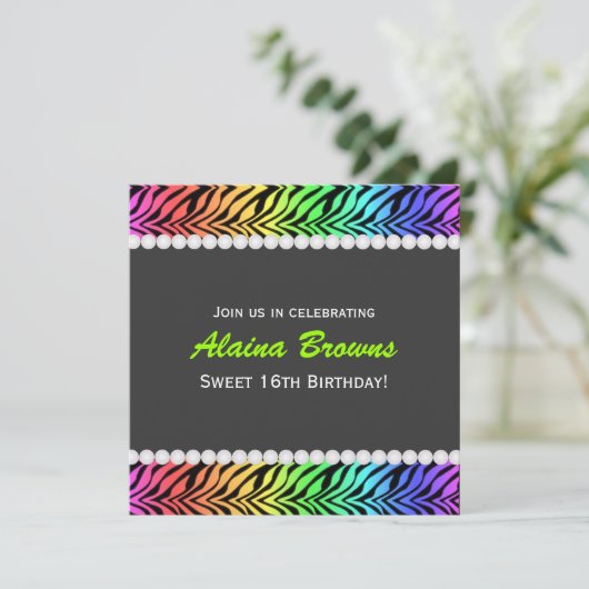 Rainbow Zebra & Pearl zum Geburtstag Einladung (Stehend Vorderseite)