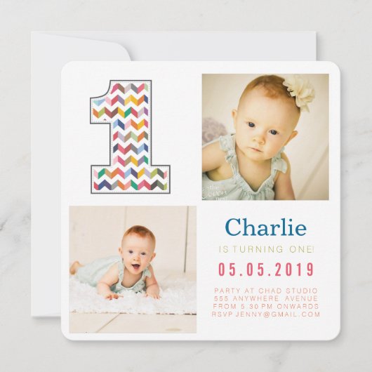 Rainbow Zickzack 1. Geburtstag Foto Cards Einladung (Vorderseite)