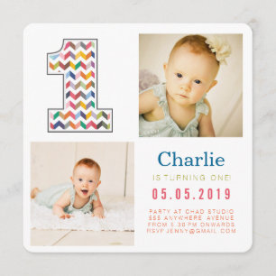 Rainbow Zickzack 1. Geburtstag Foto Cards Einladung