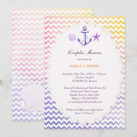 Rainbow Zickzack Nautical Couples Dusche Einladung (Vorne/Hinten)