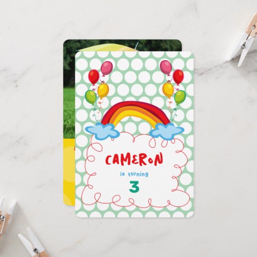 Rainbows and Balloons Foto Kinderparty Einladung (Vorderseite/Rückseite Beispiel)