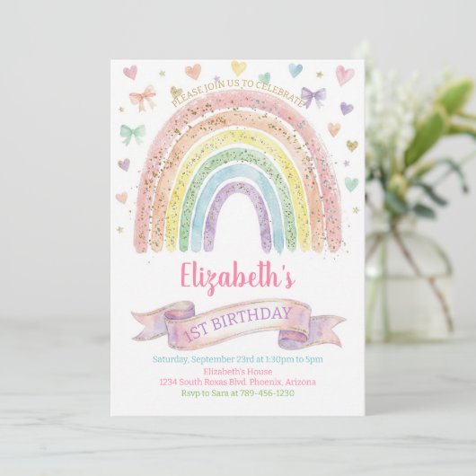 Rainbows and Hearts First Birthday Invite Pastel Einladung (Stehend Vorderseite)