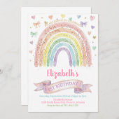 Rainbows and Hearts First Birthday Invite Pastel Einladung (Vorne/Hinten)