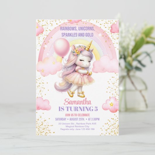 Rainbows, Einhörner, Glitzern und Goldene Geburtst Einladung (Stehend Vorderseite)