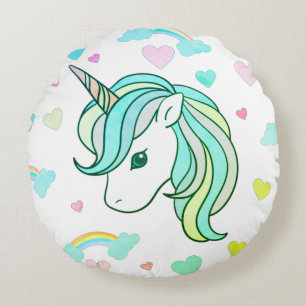 Rainbows & Green Unicorn Herz Print Round Kissen