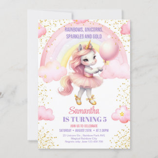 Rainbows Unicorns Glitzern und Gold Geburtstag Einladung