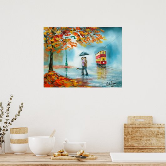 Rainday Herbst Rote Straßenbahn Regenschirm romant Poster (Küche)