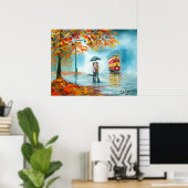 Rainday Herbst Rote Straßenbahn Regenschirm romant Poster (Heimbüro)