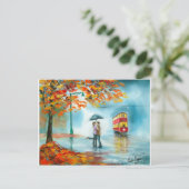 Rainday Herbst Rote Straßenbahn Regenschirm romant Postkarte (Stehend Vorderseite)