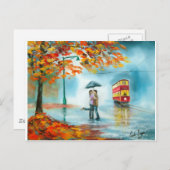 Rainday Herbst Rote Straßenbahn Regenschirm romant Postkarte (Vorne/Hinten)