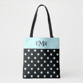 Raindrops Blue Polka Dots auf Black Monogram Tasche (Vorderseite)