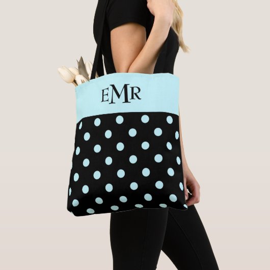 Raindrops Blue Polka Dots auf Black Monogram Tasche (Von Nahem)