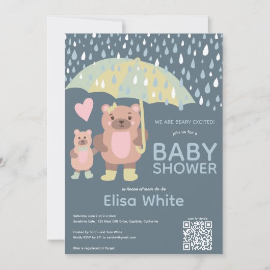 Raindrops Mama & Baby Bear QR CODE Individuelle Du Einladung (Vorderseite)