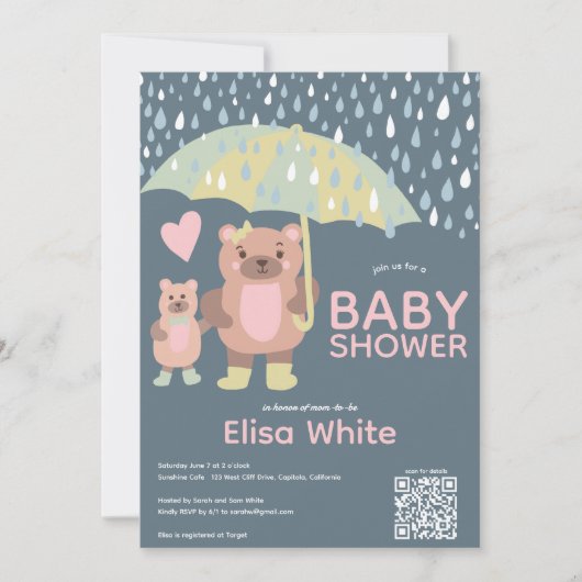 Raindrops Mama & Baby Bear QR CODE Individuelle Du Einladung (Vorderseite)