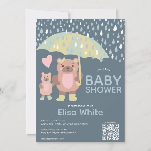 Raindrops Mama & Baby Bear QR CODE Individuelle Du Einladung (Vorderseite)