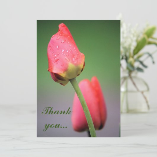 Raindrops Pink Tulips Dankeschön Karten (Stehend Vorderseite)