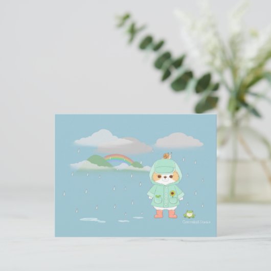 Rainey Day Mochi mit einem Aquamarinen Raincoat Fr Postkarte (Stehend Vorderseite)