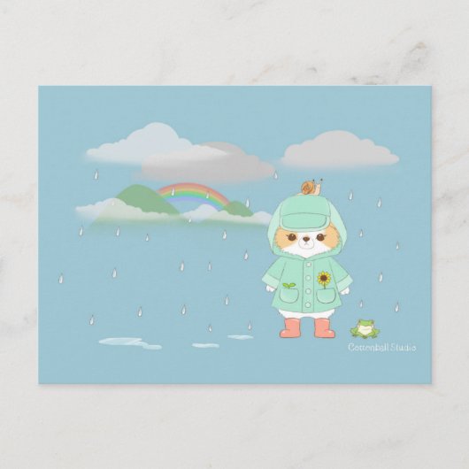 Rainey Day Mochi mit einem Aquamarinen Raincoat Fr Postkarte (Vorderseite)