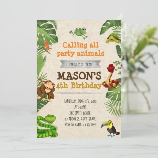 Rainforest Geburtstagsfeier Einladung (Stehend Vorderseite)