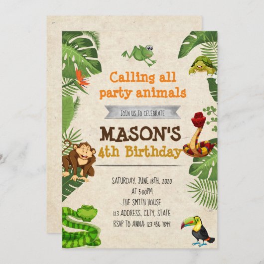 Rainforest Geburtstagsfeier Einladung (Vorne/Hinten)