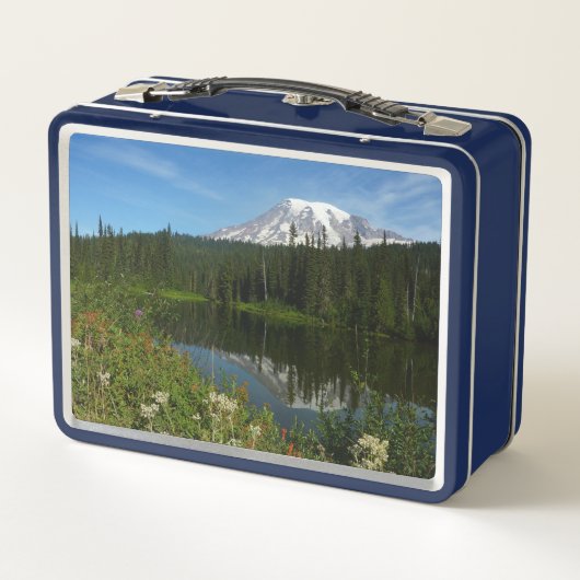 Rainier Lake Reflektion mit Wildblumen Metall Brotdose (Rückseite)