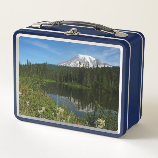 Rainier Lake Reflektion mit Wildblumen Metall Brotdose (Vorderseite)