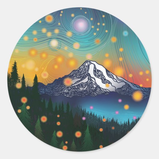 Rainier w Abend Starry Sky and Fireflies Runder Aufkleber (Vorderseite)