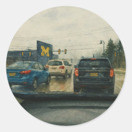 Rainy Ann Arbor Intersection, Big House Watercolor Runder Aufkleber