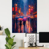 Rainy City Night mit Umbrellas im Impressionismus Poster (Heimbüro)