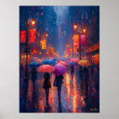 Rainy City Night mit Umbrellas im Impressionismus Poster (Vorne)