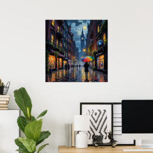 Rainy City Night Walk - Reflektionen & Umbrella Ar Poster