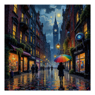 Rainy City Night Walk - Reflektionen & Umbrella Ar Poster