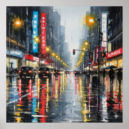 Rainy City Street Watercolor Poster