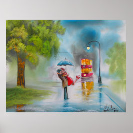 RAINY DAKISSING COUPLE TRAM UMBRELLA POSTER