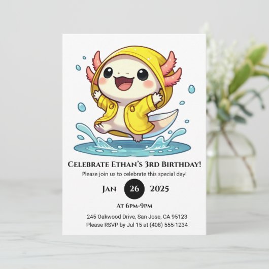 Rainy Day Axolotl Birthday Einladung (Stehend Vorderseite)